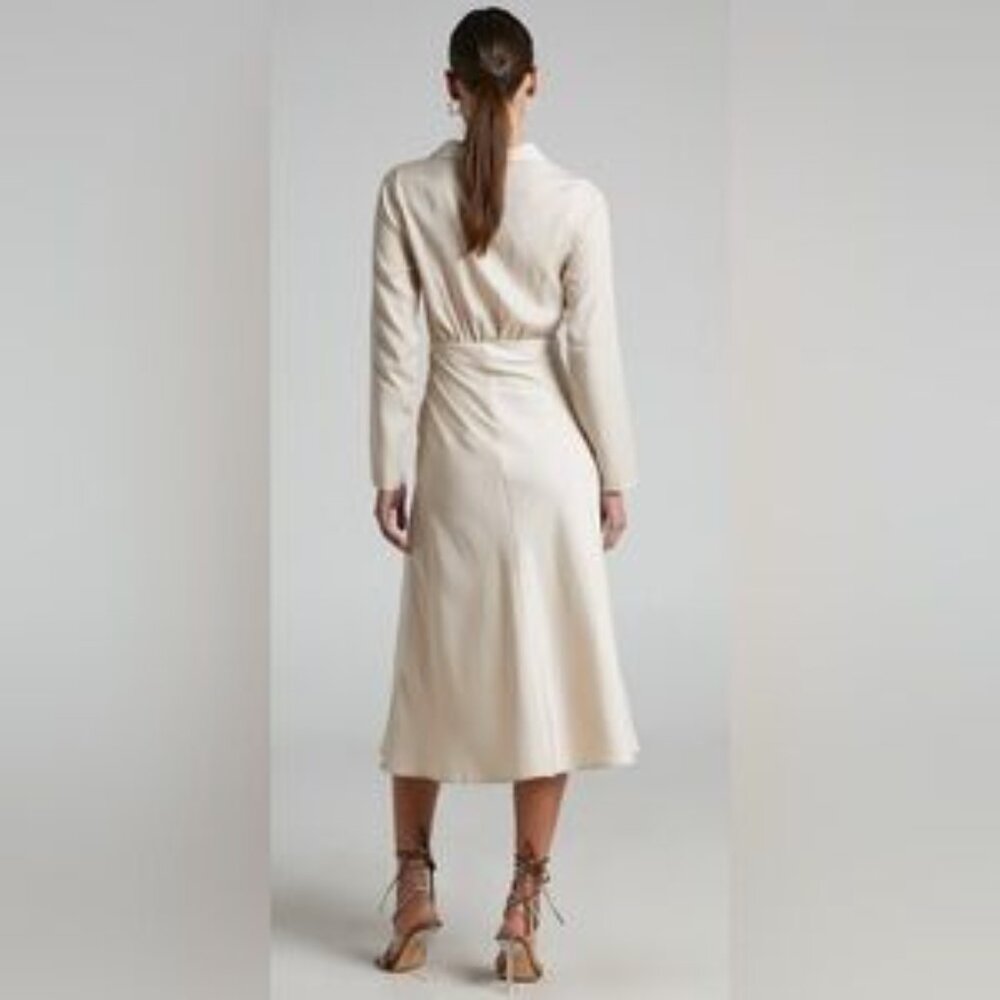 Showpo Annisa Tie Front Collared Midi Dress in Champagne - Picture 3 of 9